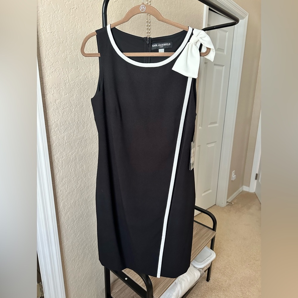 Karl Lagerfeld Black Midi Dress with White Trim and Shoulder Bow